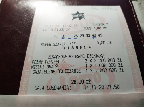 Druga czwórka tym razem w lotto plus systemie na 7 wygrana 340 zl